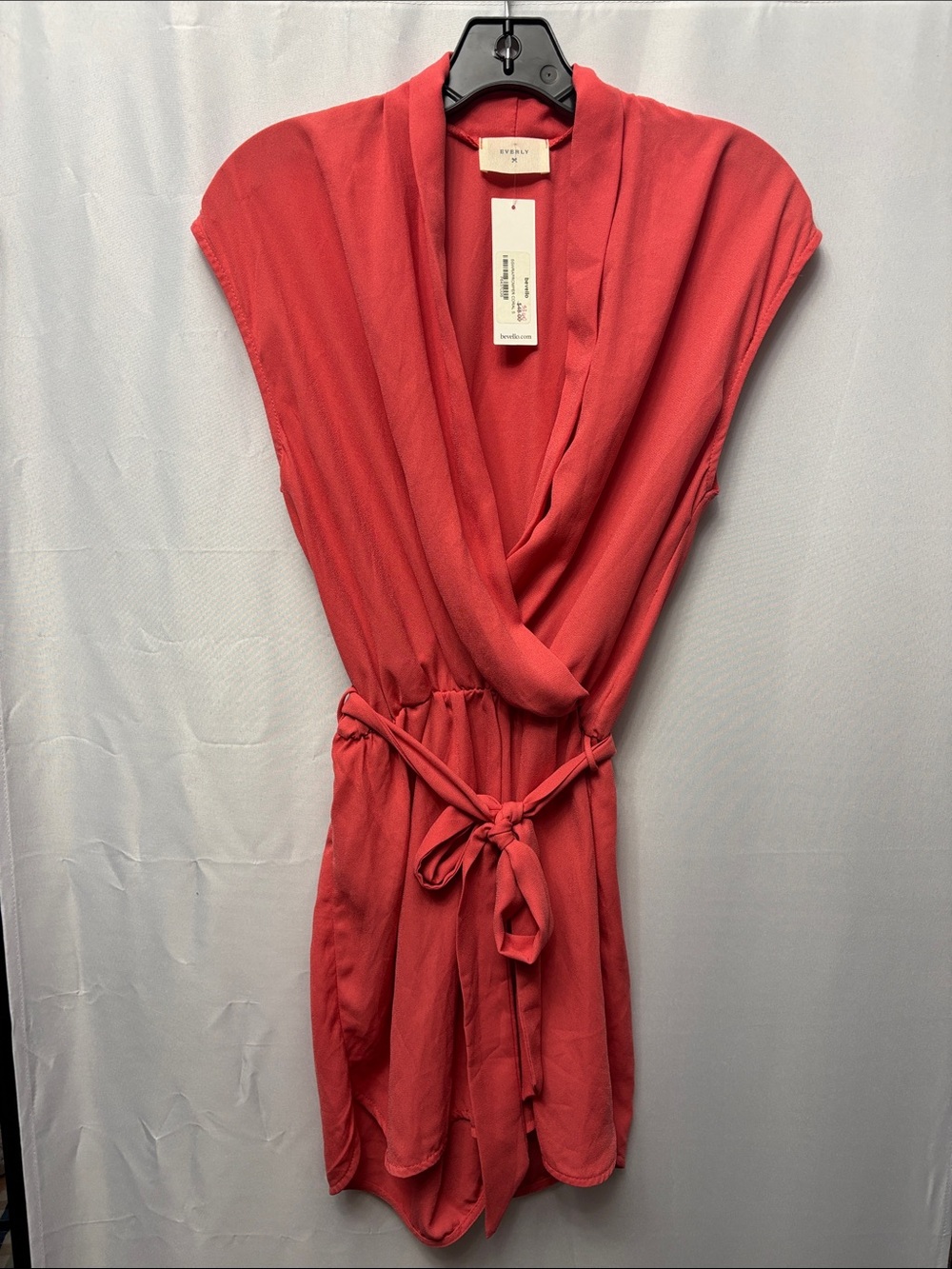 Everly Small Coral-Red Draped Tie-Waist Short Romper